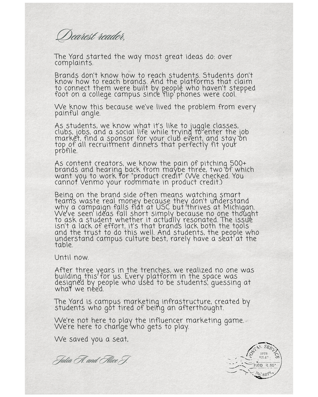 A letter from the founders of The Yard